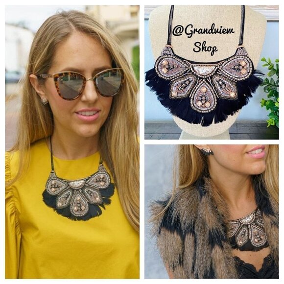 Stella & Dot Constantine Feather Necklace Black - Picture 3 of 12